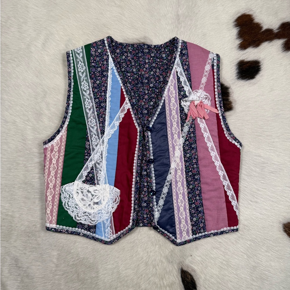 Vintage Handmade Patchwork Lace Vest Cottagecore Boho Prairie Fairy Waistcoat